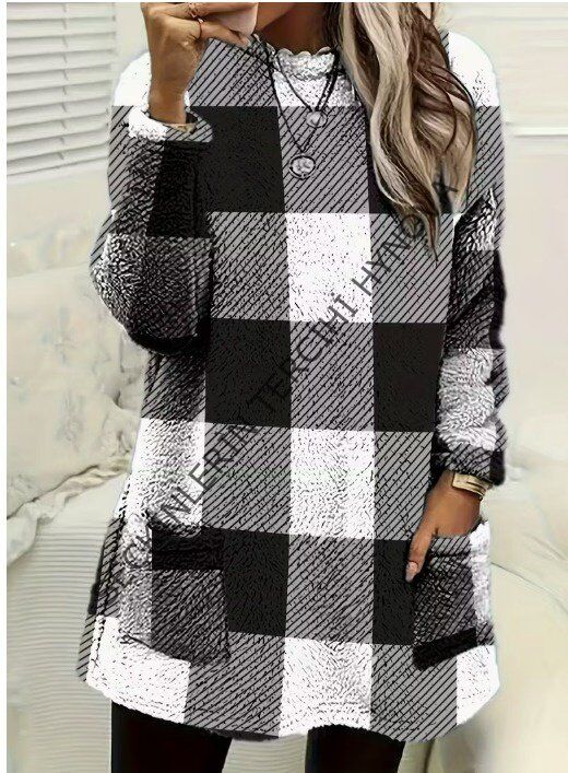 Kadın Uzun Kollu Yarı Balıkçı Yakalı Cep Detaylı Ekoseli Dokuma Tunik