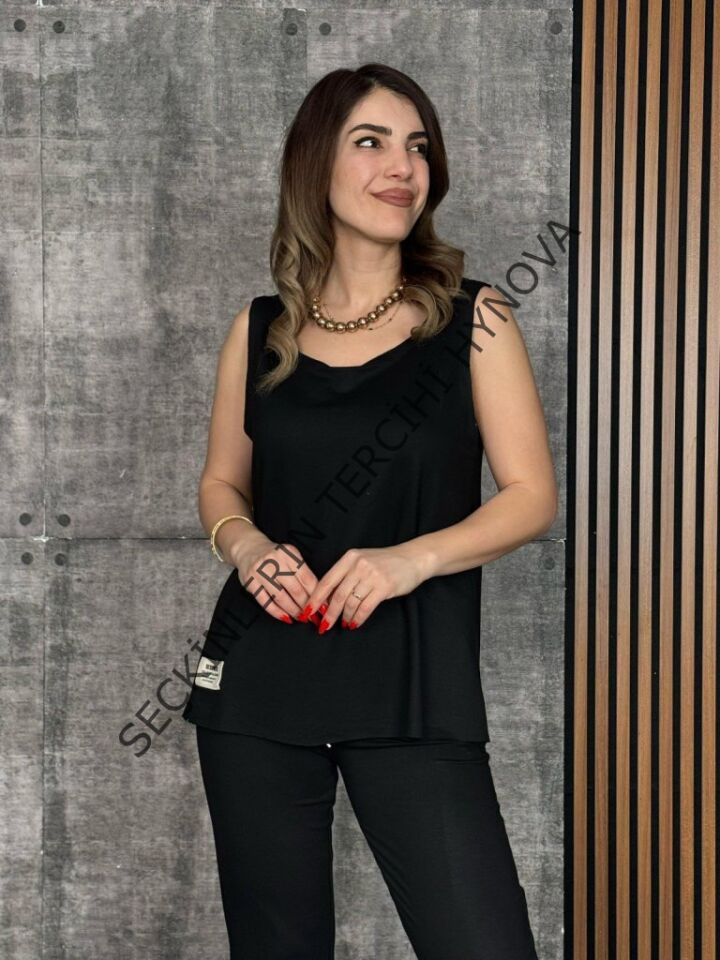 Kadın Askılı Yuvarlak Yaka Viskon Iki Iplik Bluz Ve Eşofman Altı Ikili Takım