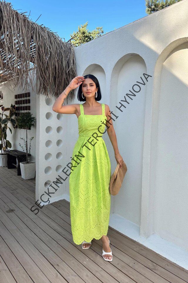 Yağ Yeşili Askılı Aparatlı Brode Elbise