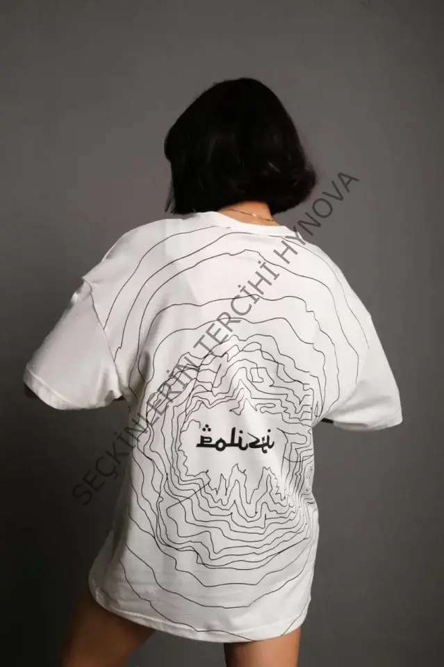 Bisiklet Yakalı Sırt Baskılı Oversize T-Shirt - Beyaz