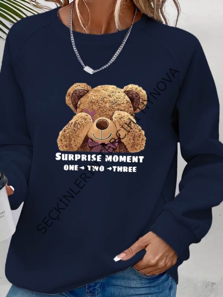 Kadın Uzun Kollu Bisiklet Yaka Ayıcık Desenli Viskon Iki Iplik Bluz