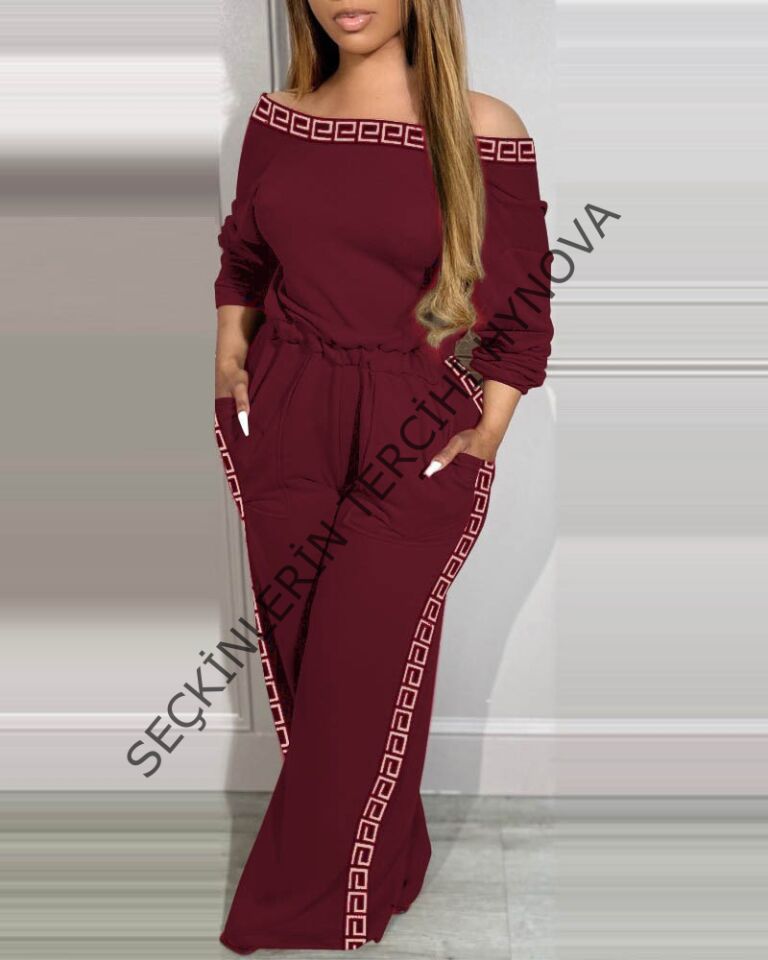 Kadın Uzun Kollu Omuzlardan Açık Beli Lastikli Cepli şerit Desenli Viskon Iki Iplik Tulum