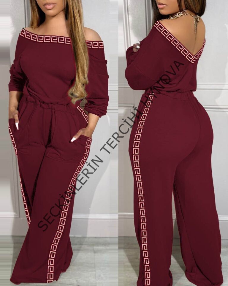 Kadın Uzun Kollu Omuzlardan Açık Beli Lastikli Cepli şerit Desenli Viskon Iki Iplik Tulum