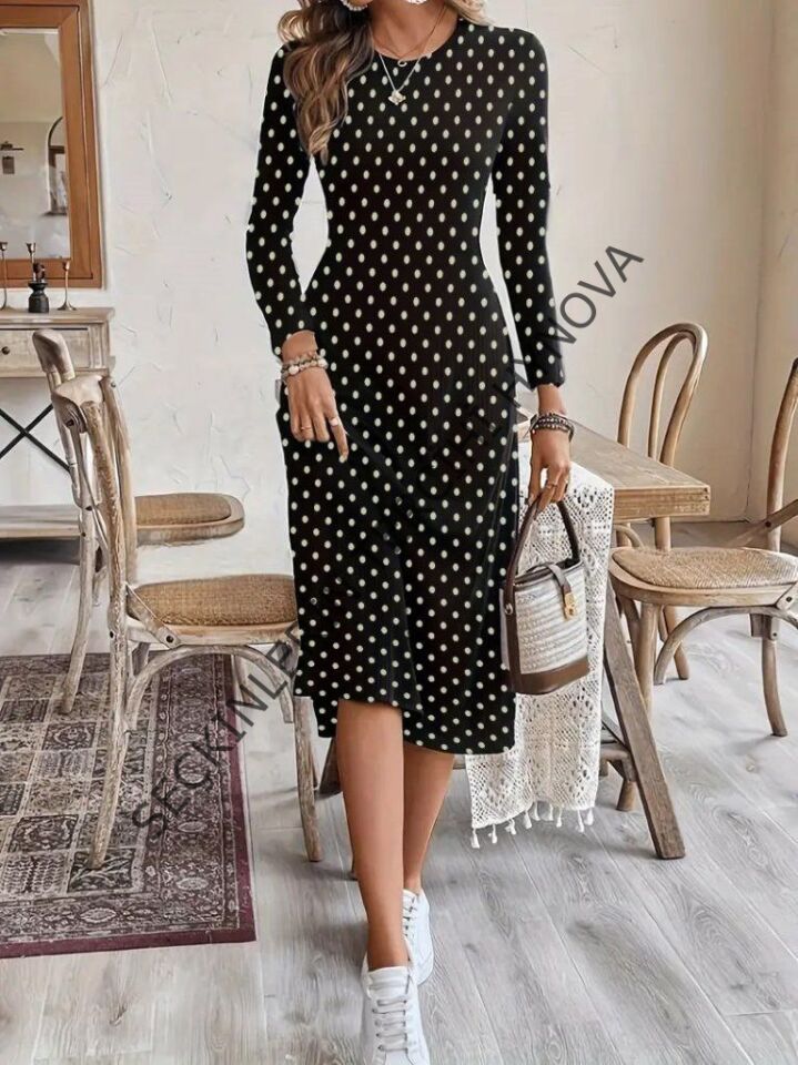 Kadın Uzun Kollu Bisiklet Yaka Puantiyeli örme Krep Midi Elbise