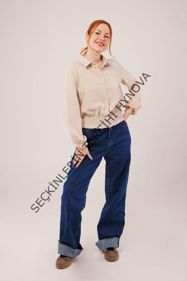 Bel Ve Bilek Lastikli Bej Bluz