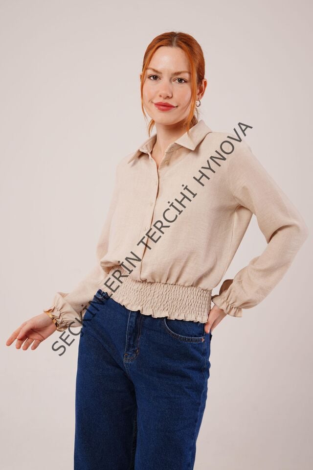 Bel Ve Bilek Lastikli Bej Bluz