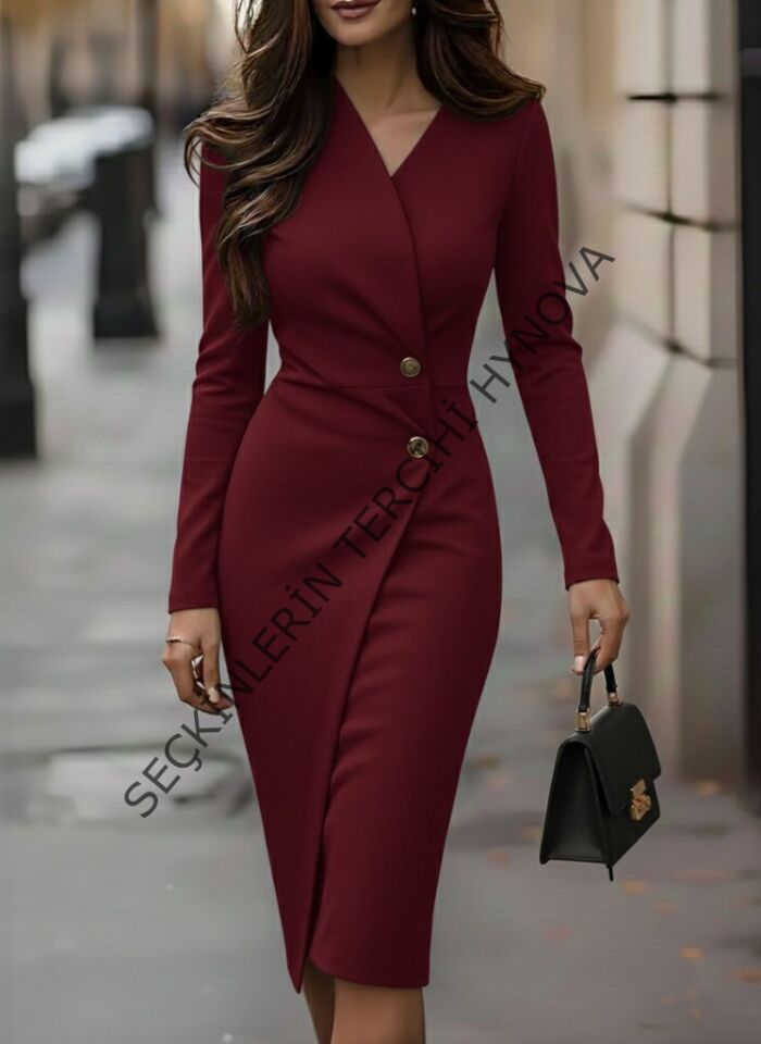 Kadın Uzun Kollu Yandan Düğmeli Kruvaze Yaka Detaylı Midi Ithal Krep Elbise