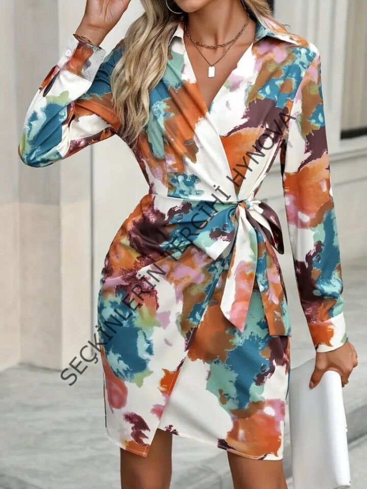 Kadın Uzun Kollu Yakalı Yandan Bağlamalı Mini Desenli Modal Elbise