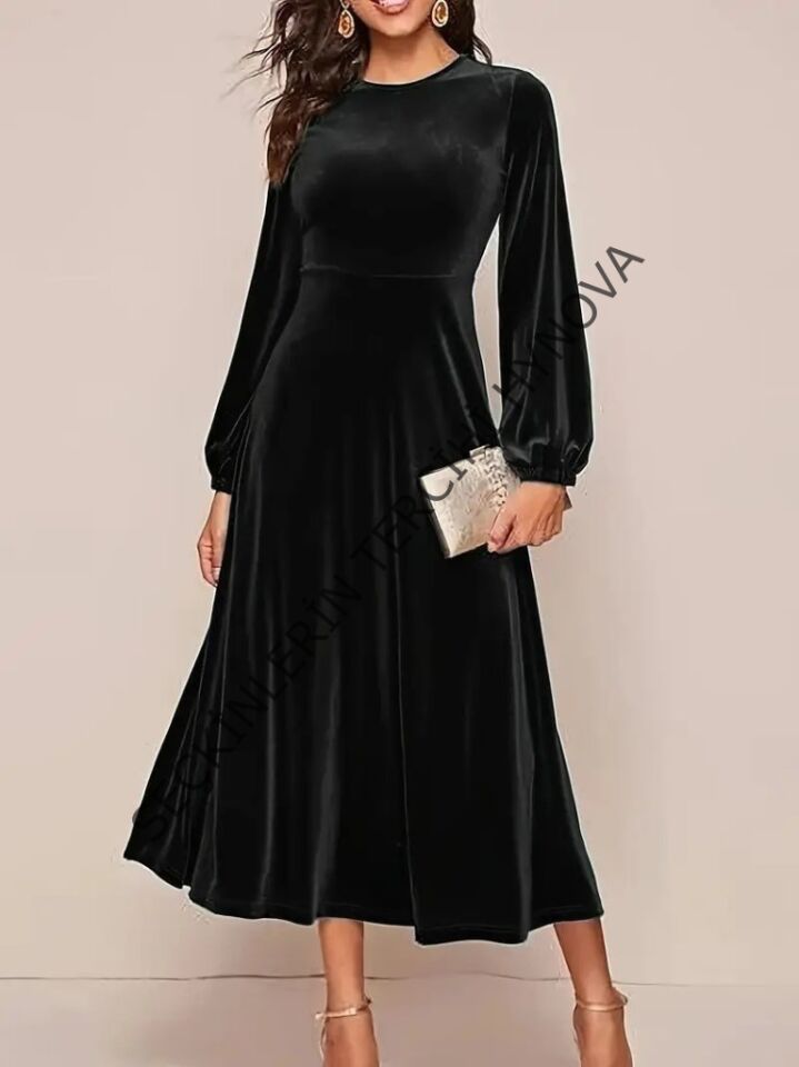 Kadın Uzun Kollu Bisiklet Yaka Midi Kadife Elbise