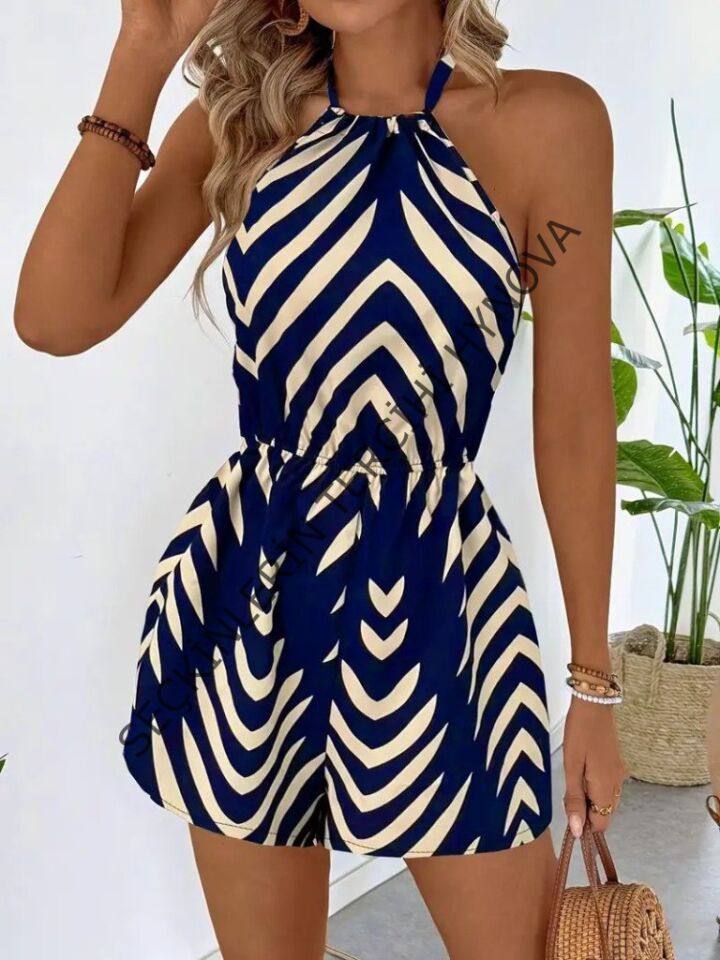 Kadın Boyundan Askılı Halter Yakalı Desenli Süprem Tulum