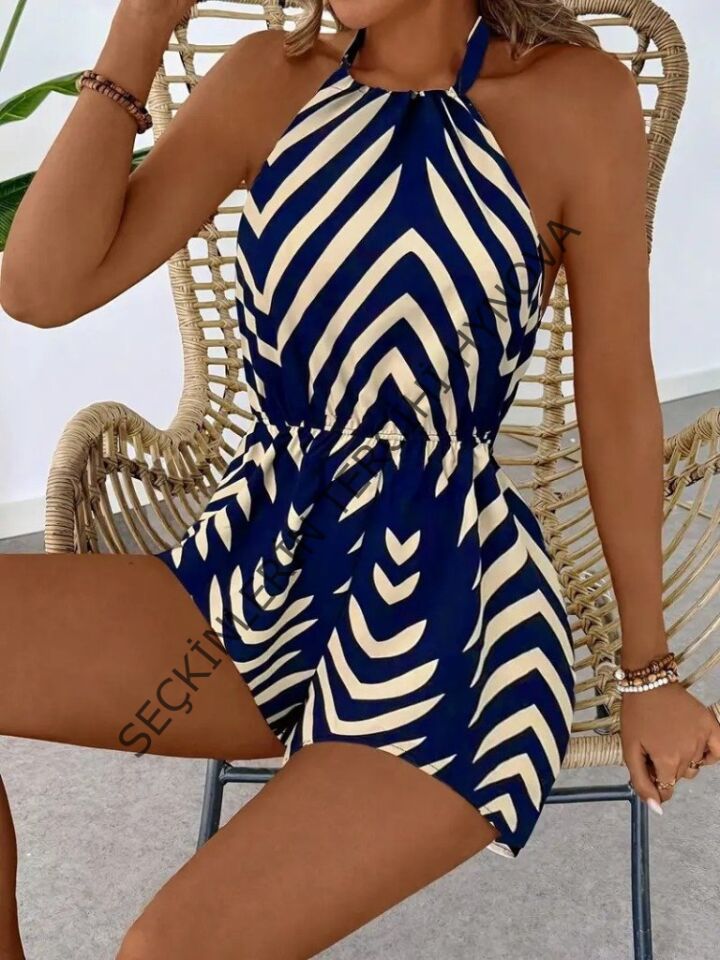 Kadın Boyundan Askılı Halter Yakalı Desenli Süprem Tulum