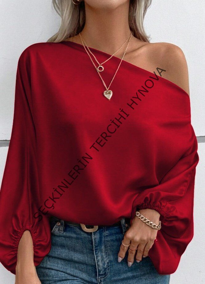 Kadın Tek Omuzu Açık Uzun Kollu Salaş Sandy Bluz