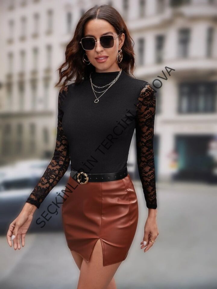 Kadın Uzun Kollu Yarı Balıkçı Yaka Tüllü Kaşkorse Bluz