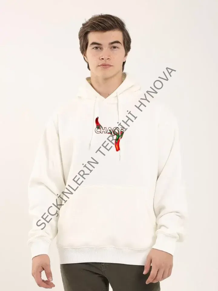 Unisex Baskılı Oversize Üç İplik Kapüşonlu Sweatshirt - Beyaz