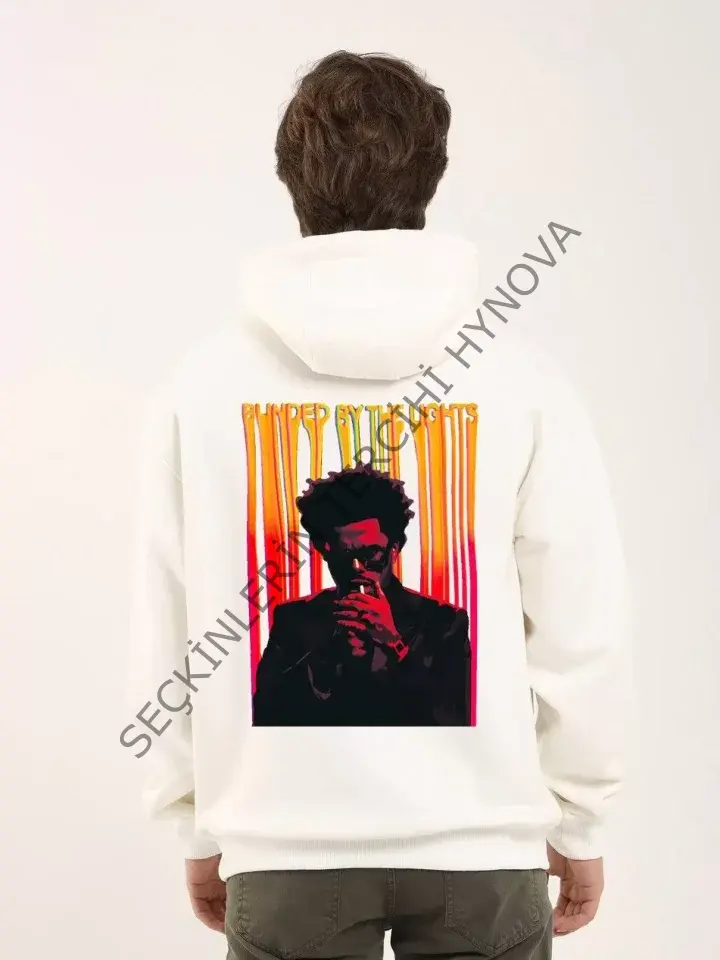 Unisex Baskılı Oversize Üç İplik Kapüşonlu Sweatshirt - Beyaz