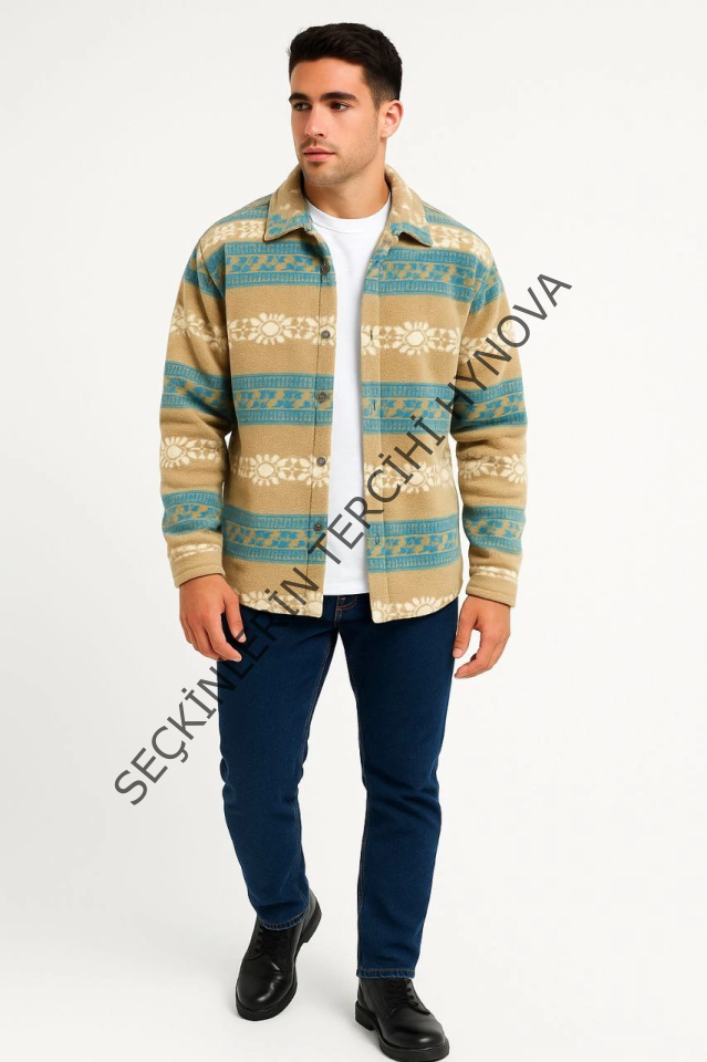 Erkek Desenli Polar Gömlek – Etnik Şerit Desen Yakalı, Uzun Kollu, Düğmeli, Oversize Rahat Kalıp - Sarı