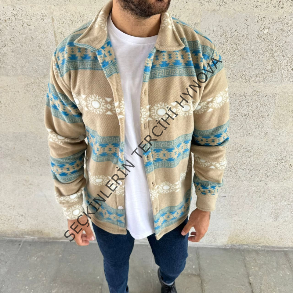 Erkek Desenli Polar Gömlek – Etnik Şerit Desen Yakalı, Uzun Kollu, Düğmeli, Oversize Rahat Kalıp - Sarı