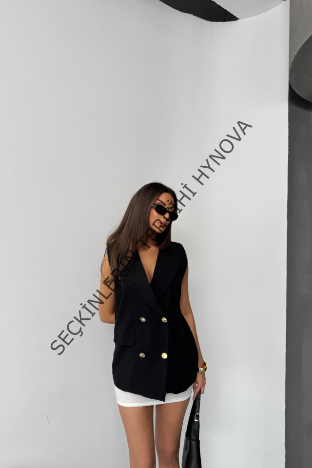 GOLD DÜĞMELİ KETEN YELEK - Siyah