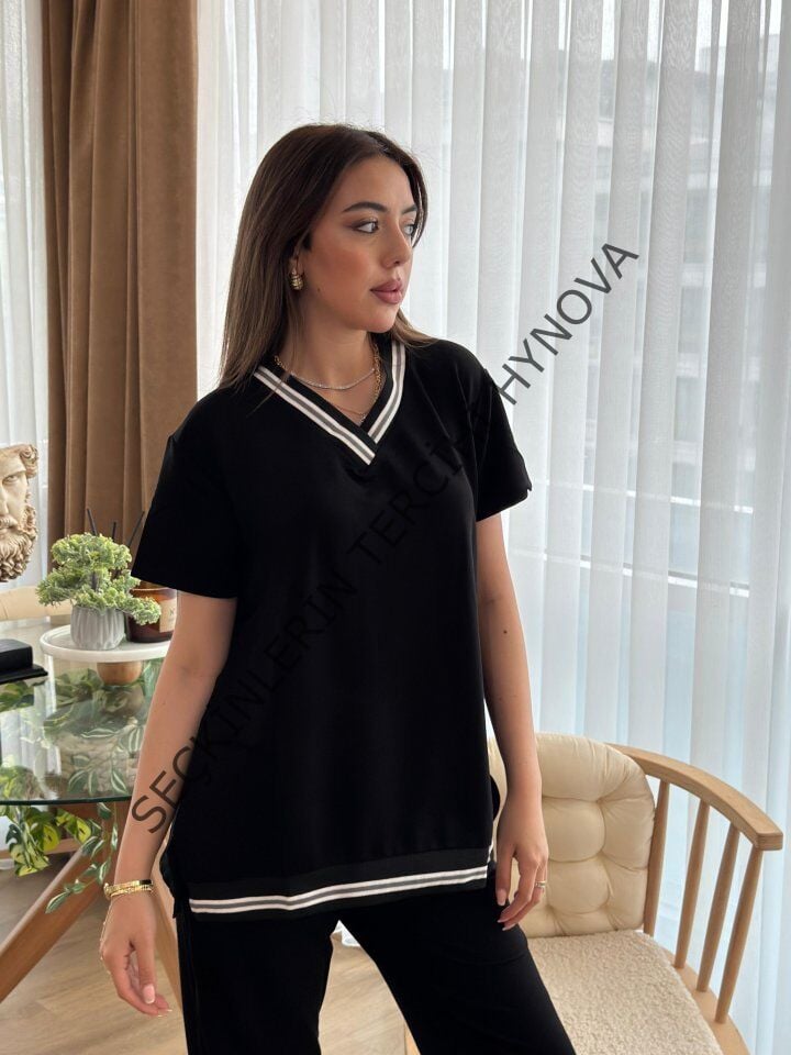 Kadın Kısa Kollu V Yakalı Iki Iplik Bluz Ve Pantolon Ikili Takım