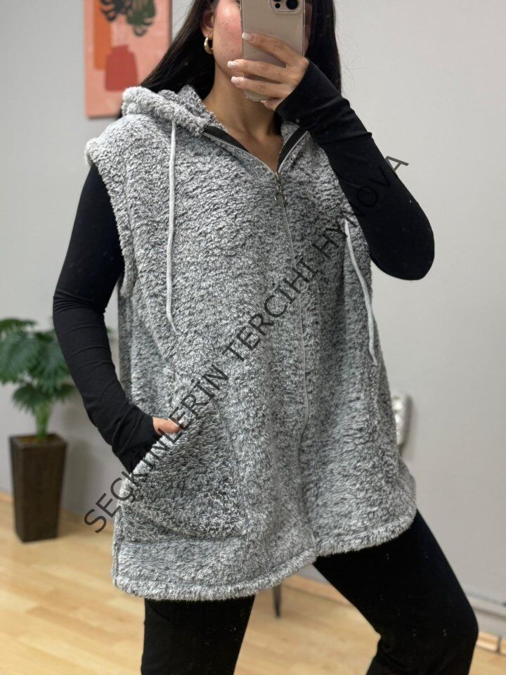 Kadın Kapüşon Ve Fermuar Detay Welsoft Kolsuz Yelek
