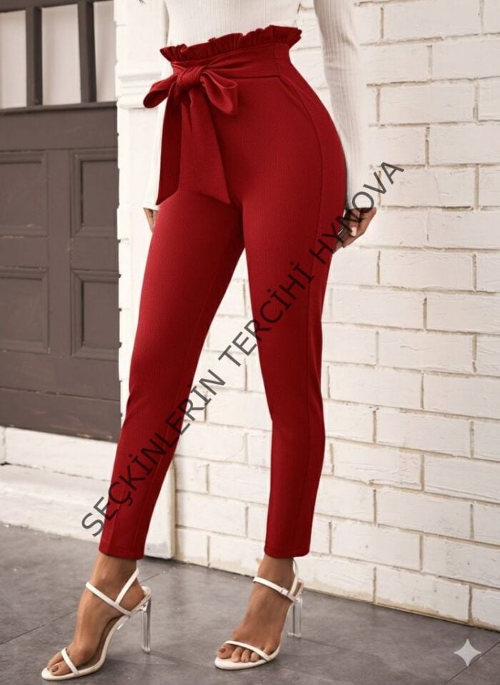 Kadın Yüksek Bel Beli Fırfırlı önden Bağlamalı Ithal Krep Pantolon