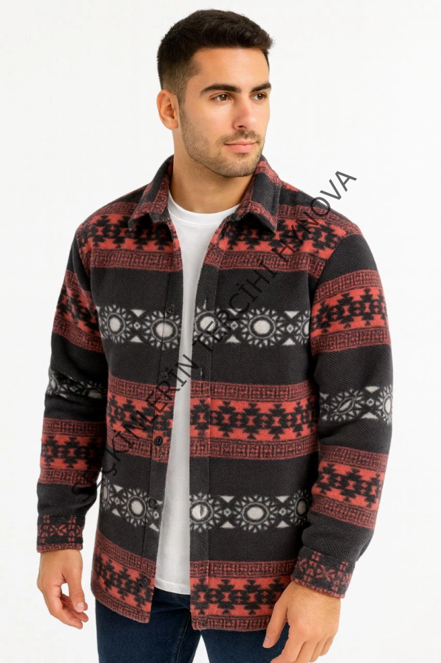 Erkek Desenli Polar Gömlek – Etnik Şerit Desen Yakalı, Uzun Kollu, Düğmeli, Oversize Rahat Kalıp - Füme