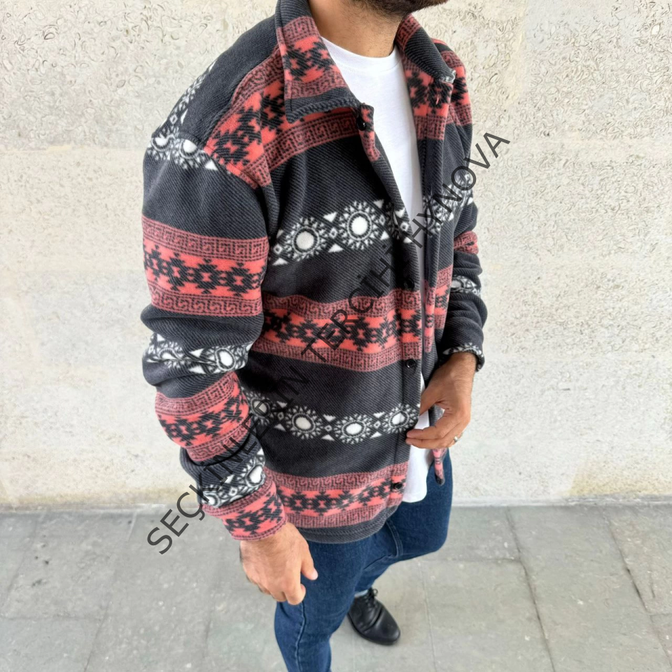 Erkek Desenli Polar Gömlek – Etnik Şerit Desen Yakalı, Uzun Kollu, Düğmeli, Oversize Rahat Kalıp - Füme