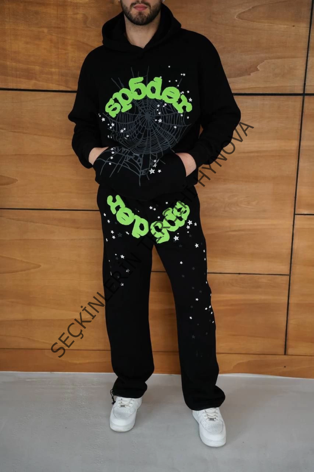Erkek Kapüşonlu Eşofman Takım Örümcek Ağı Ve Neon Yeşil Baskılı Kanguru Cepli Oversize Rahat Kalıp, Premium Üç İplik Kumaş - Siyah