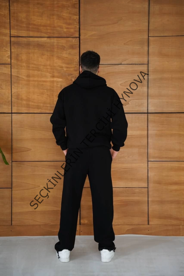 Erkek Kapüşonlu Eşofman Takım Örümcek Ağı Ve Neon Yeşil Baskılı Kanguru Cepli Oversize Rahat Kalıp, Premium Üç İplik Kumaş - Siyah