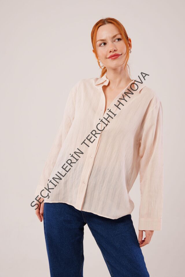 Düğmeli Ve Çizgi Detaylı Krem Gömlek