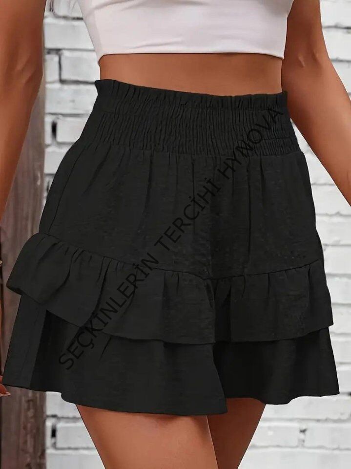 Kadın Beli Lastikli Eteği Fırfırlı Mini Etek