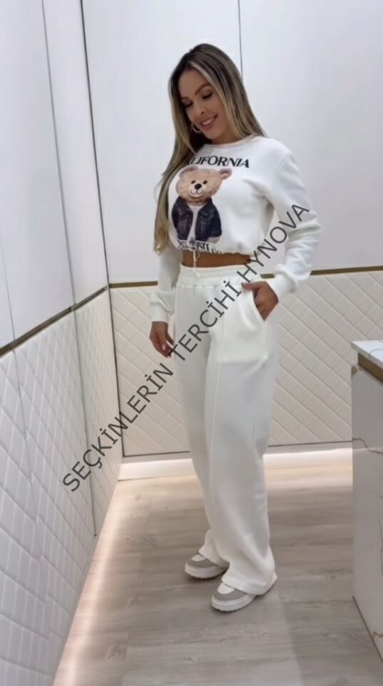 Kadın Uzun Kollu Bisiklet Yaka Desenli Iki Iplik şardonlu Bluz Ve Pantolon Ikili Takım