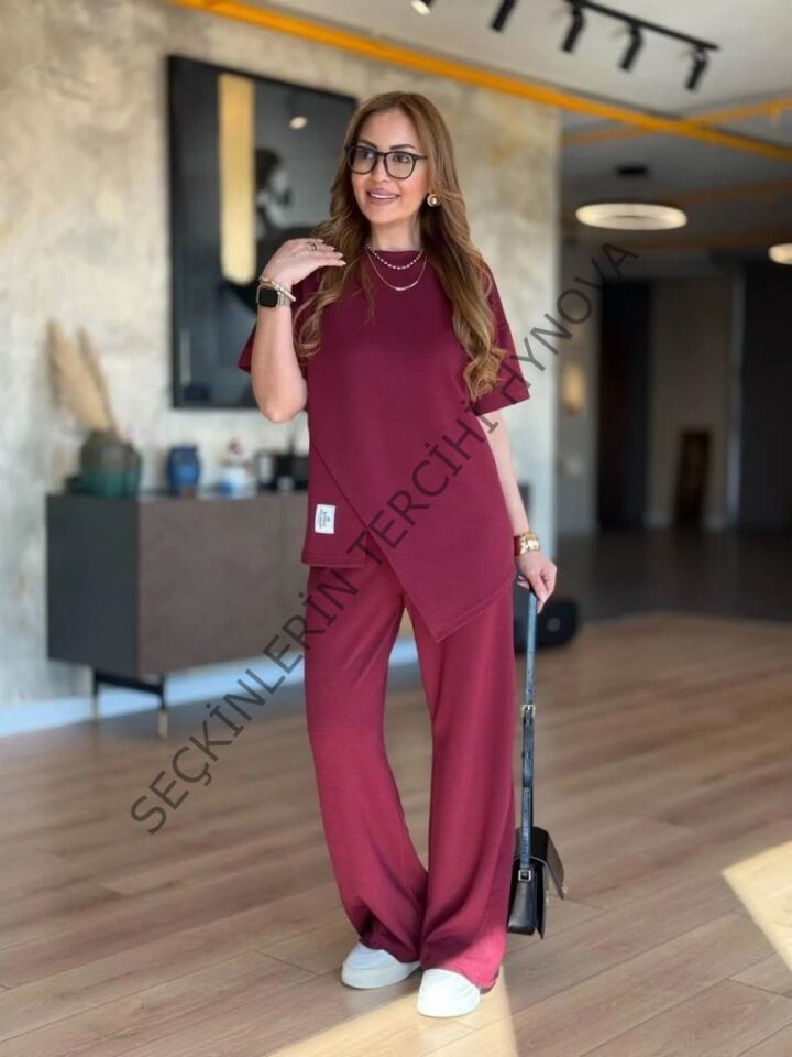 Kadın Kısa Kollu Bisiklet Yaka Asimetrik Viskon Iki Iplik Bluz Ve Pantolon Ikili Takım