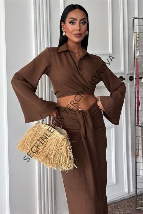 Crop Gömlekli Ve Eteği Büzgülü Tasarım Takım 10195