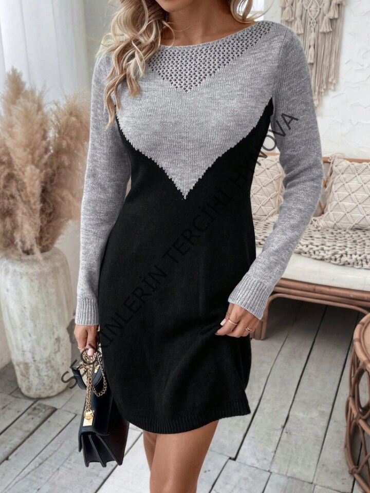Kadın Uzun Kollu Kayık Yakalı çift Renk Mini Triko Elbise