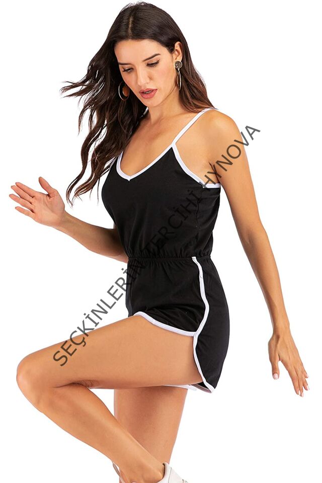 Kadın Siyah Beyaz Askılı Şık Tulum Gecelik – Modern ve Şık Tasarım