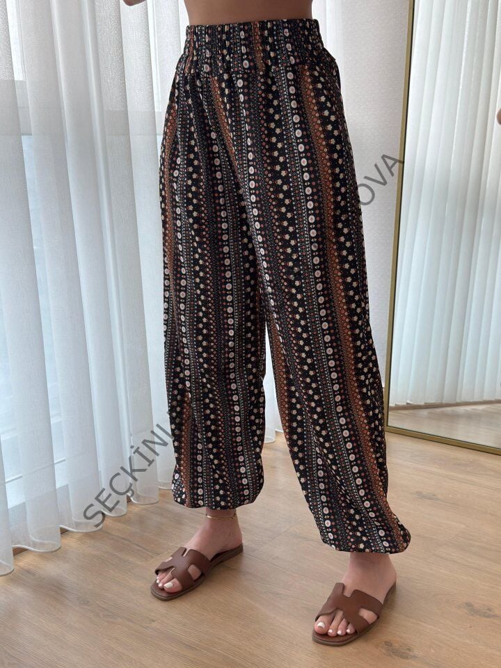 Kadın Yüksek Bel Etnik Desenli Geniş Dökümlü Bürümcük Pantolon