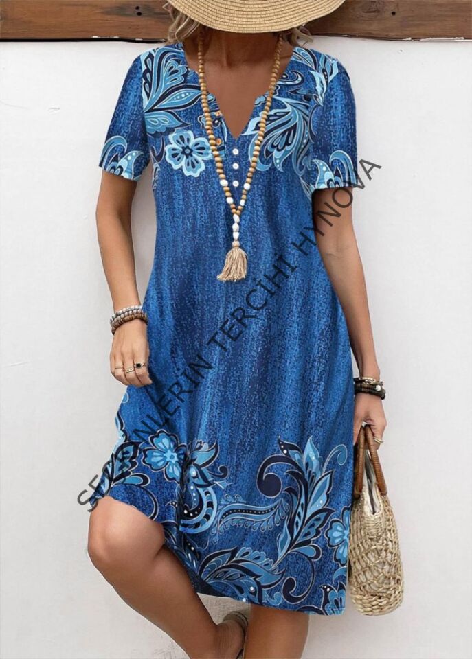 Kadın Kısa Kollu V Yakalı çiçek Baskılı Midi Süprem Elbise