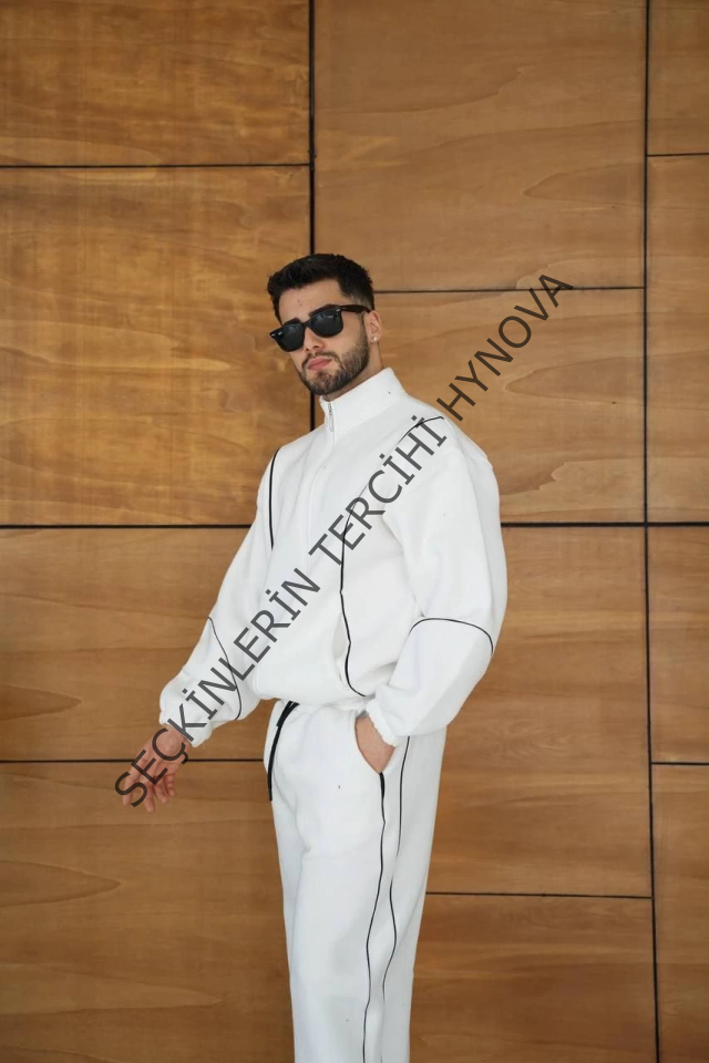 Erkek Premium Parçalı Eşofman Takım - Dik Yaka Fermuarlı Biyeli Sweatshirt Lastik Paça Alt, Oversize 3 Iplik Şardonlu - Beyaz