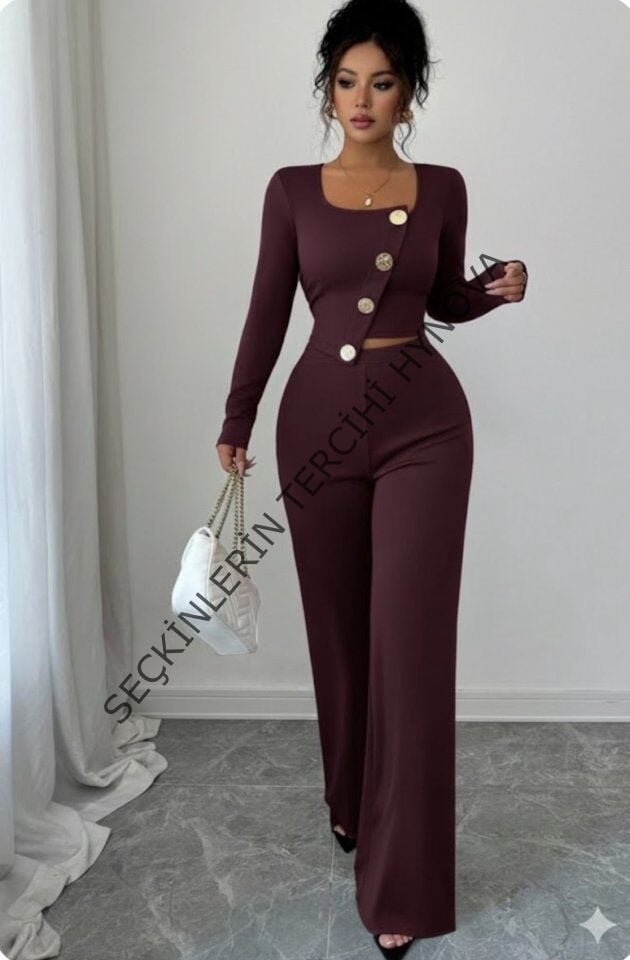 Kadın Uzun Kol Kare Yaka Asimetrik Düğme Detay Bluz Ve Yüksek Bel Pantolon Ikili Takım