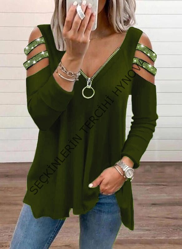 Kadın Haki Kolları Taş Işlemeli Uzun Kol Fermuarlı Viskon Bluz