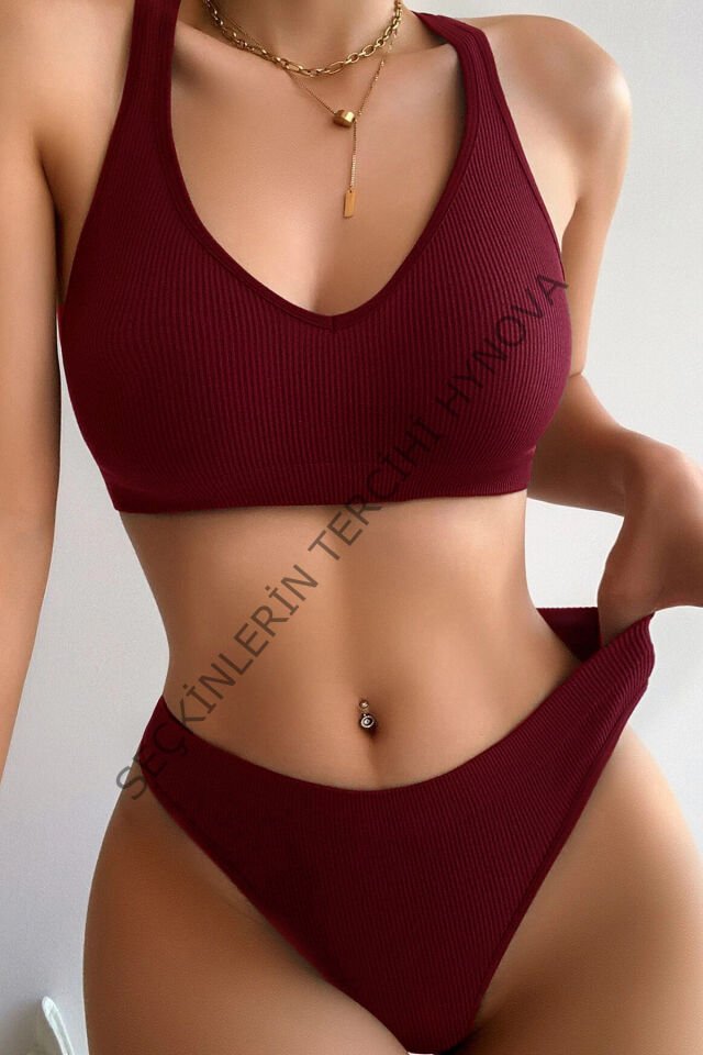 Kadın Bordo Desteksiz Seamless Tangalı   İç Çamaşır  Takımı