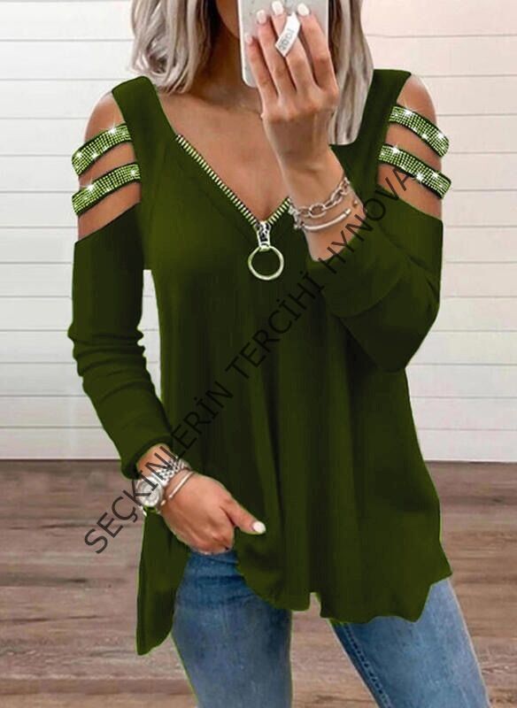 Kadın Haki Kolları Taş Işlemeli Uzun Kol Fermuarlı Viskon Bluz