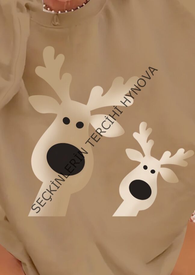 Kadın Uzun Kollu Bisiklet Yaka Geyik Desenli Viskon Iki Iplik Bluz