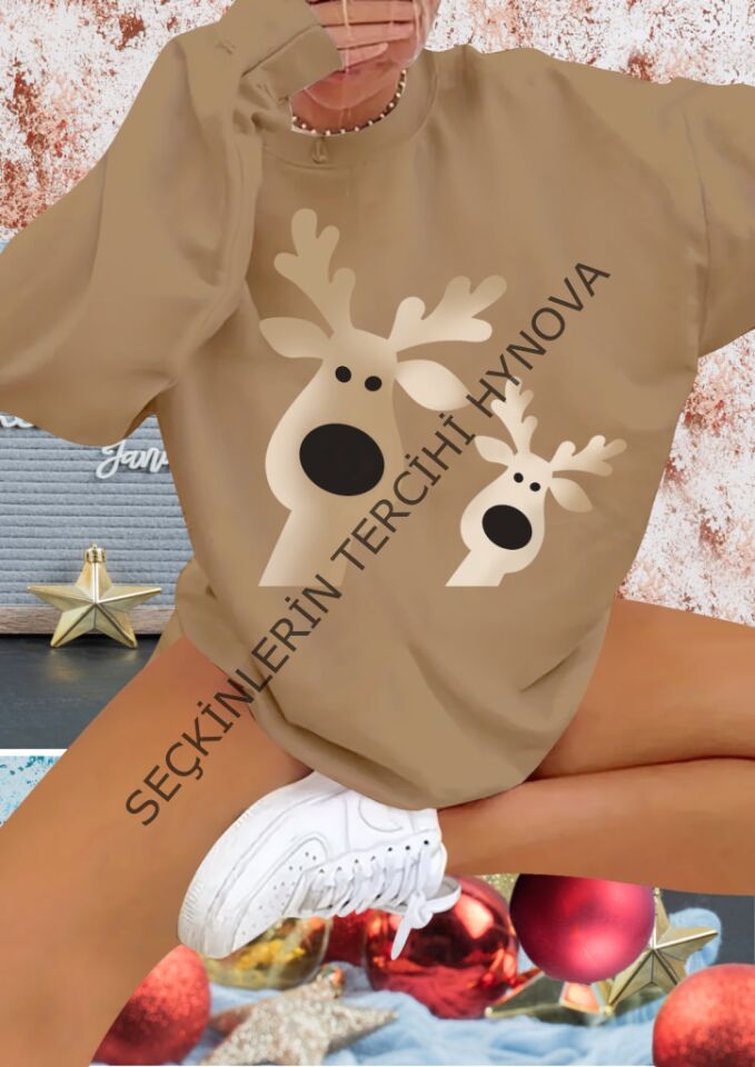 Kadın Uzun Kollu Bisiklet Yaka Geyik Desenli Viskon Iki Iplik Bluz