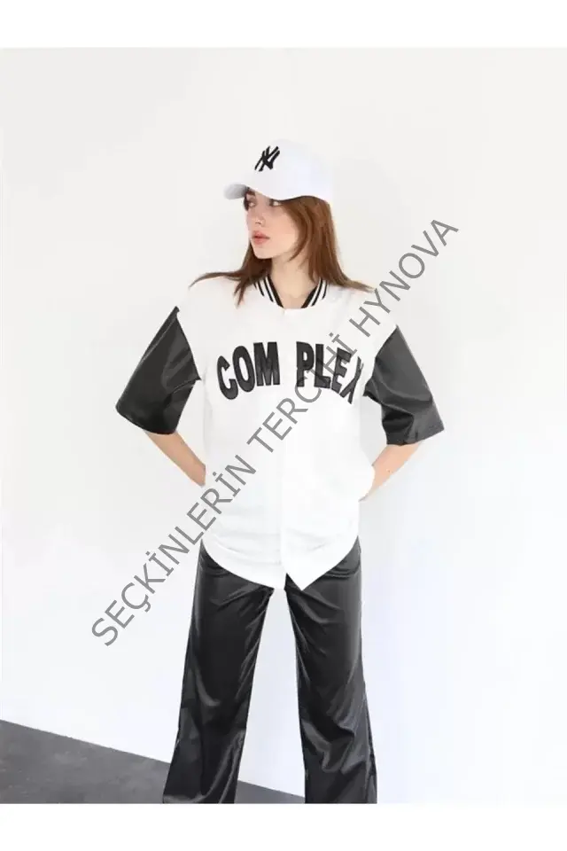 Complex Kolları Deri Kolej Oversize T-shirt - Beyaz