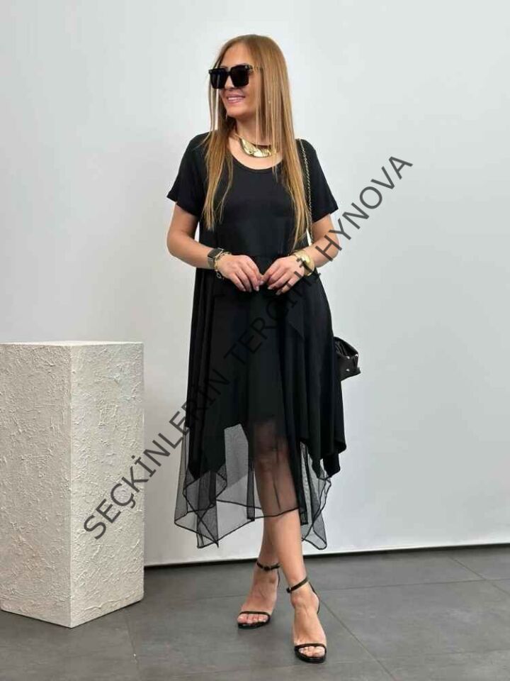 Kadın Viskon Kumaş Tül Detaylı Asimetrik Elbise