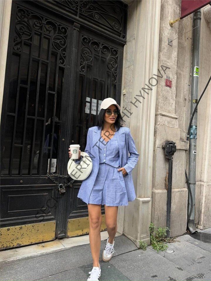 ÇİZGİLİ KETEN CEKET YELEK ŞORT TK - Mavi