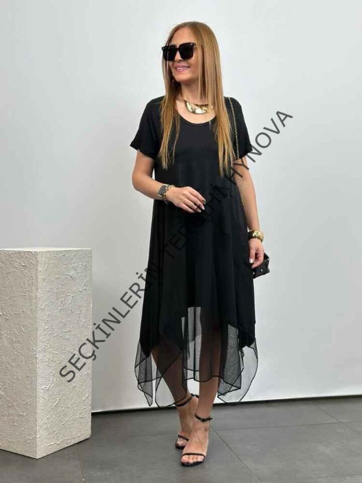 Kadın Viskon Kumaş Tül Detaylı Asimetrik Elbise