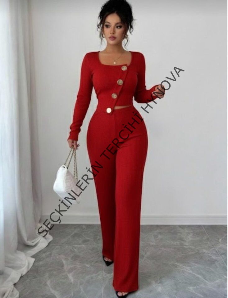 Kadın Uzun Kol Kare Yaka Asimetrik Düğme Detay Bluz Ve Yüksek Bel Pantolon Ikili Takım